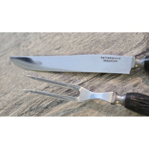 Antique Cattaraugus Vanadium Carving Knife & Fork Set Black Faux Antler Handles - Picture 7 of 9
